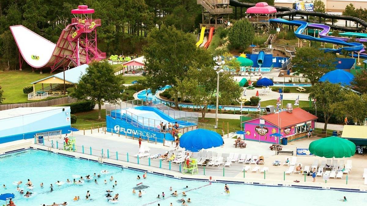 Aerial shot of wave pool and various slides at Myrtle Waves Water Park
